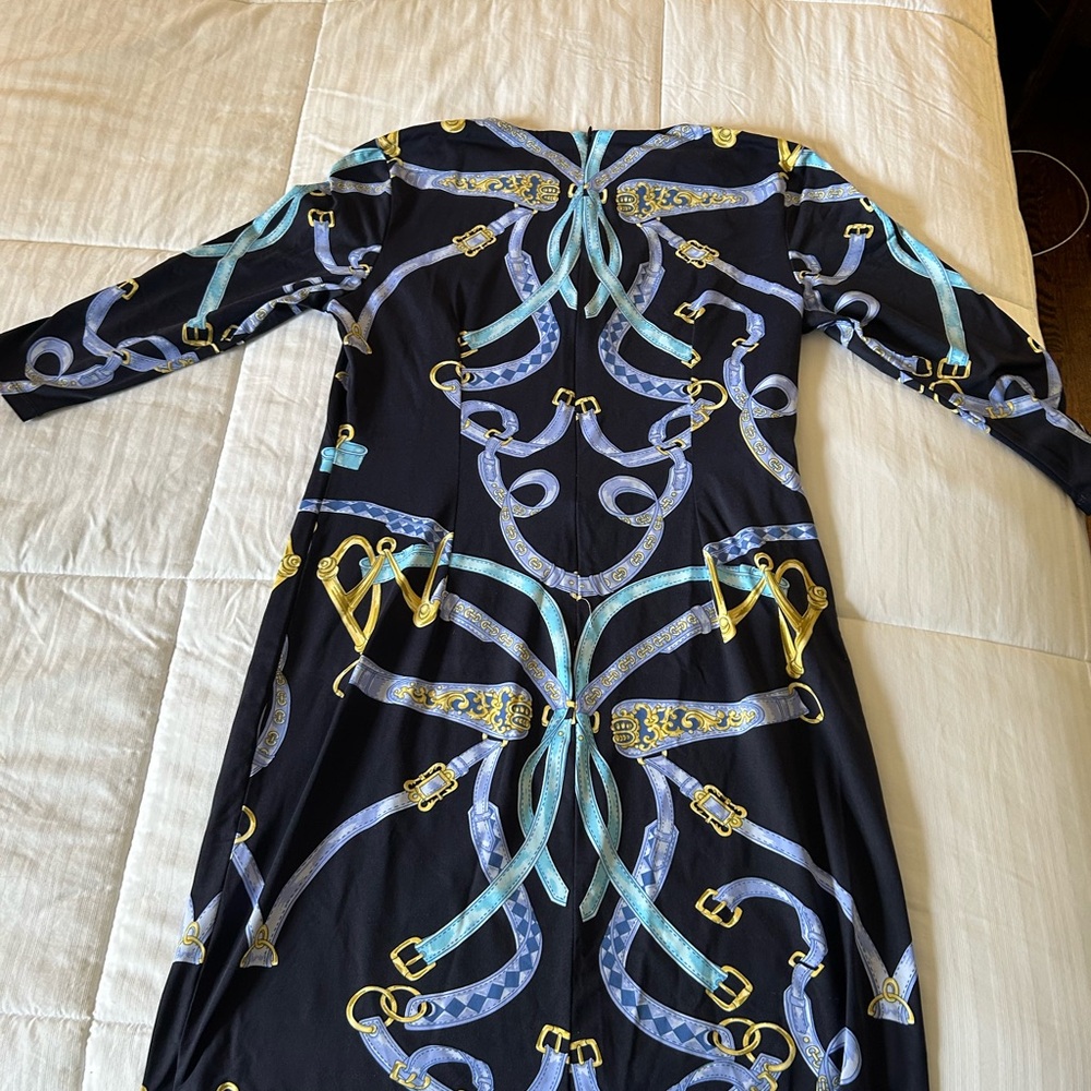 Navy/lilac /gold tassel pattern dress from J McLaughlin.